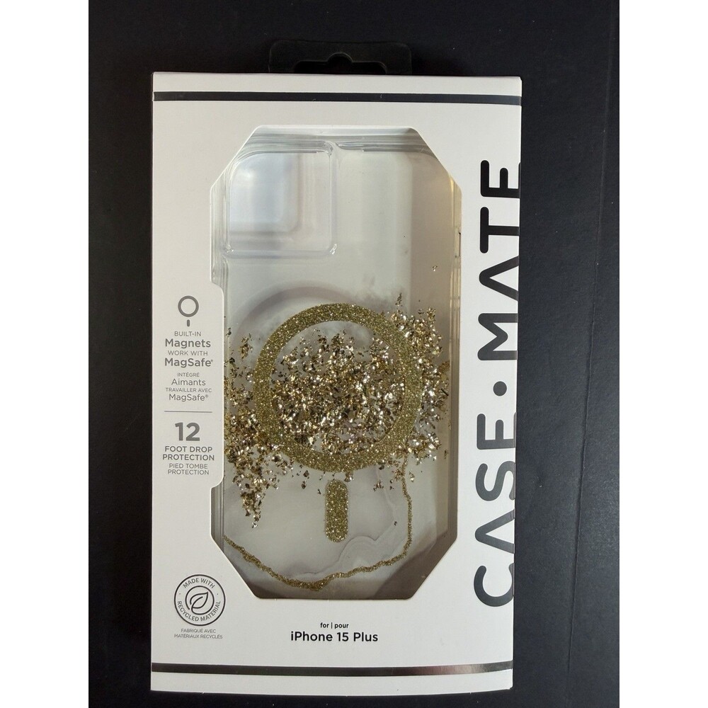 NEW Case-Mate Apple iPhone 15 Plus MagSafe Phone Case - White/Gold Karat Marble